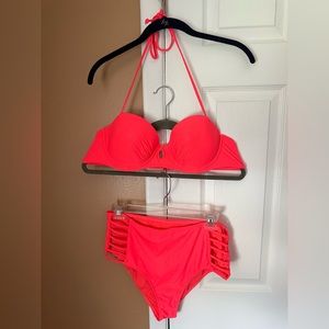 NWOT coral red/pink 2 piece bikini; women’s Large